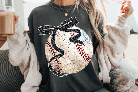 Glitter Baseball Black Bow DTF