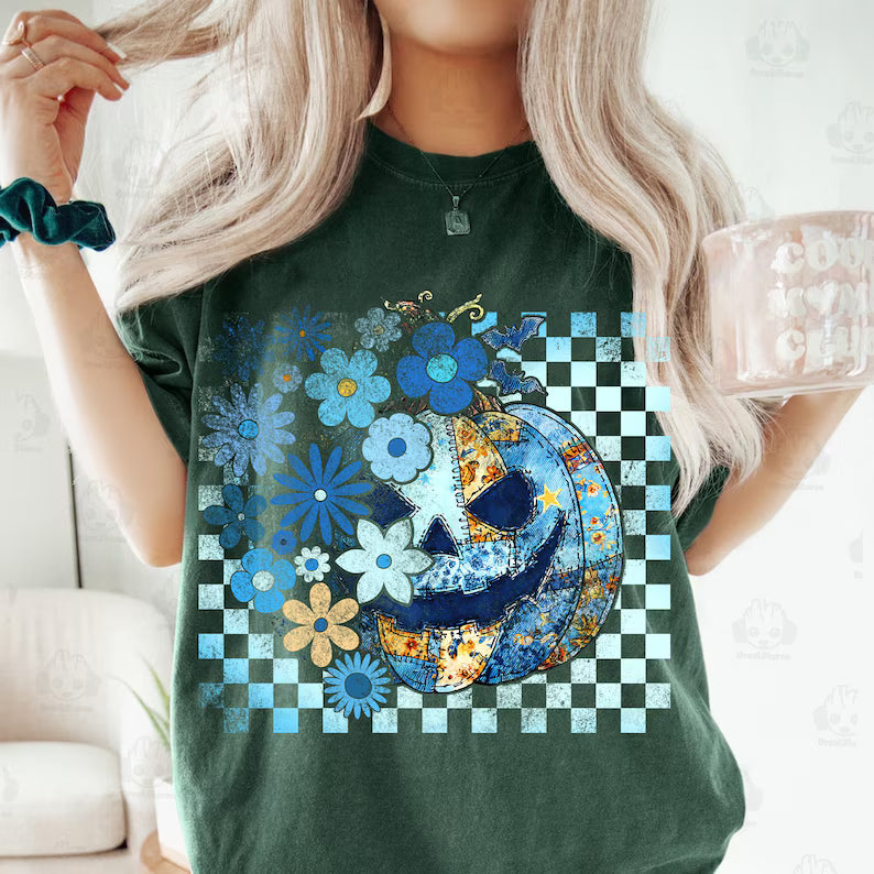 Blue Patchwork Floral Checkered Pumpkin DTF