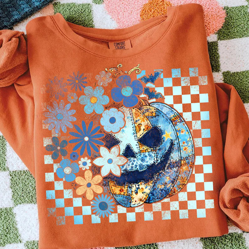 Blue Patchwork Floral Checkered Pumpkin DTF