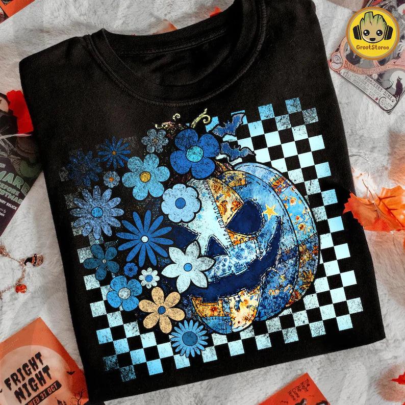 Blue Patchwork Floral Checkered Pumpkin DTF